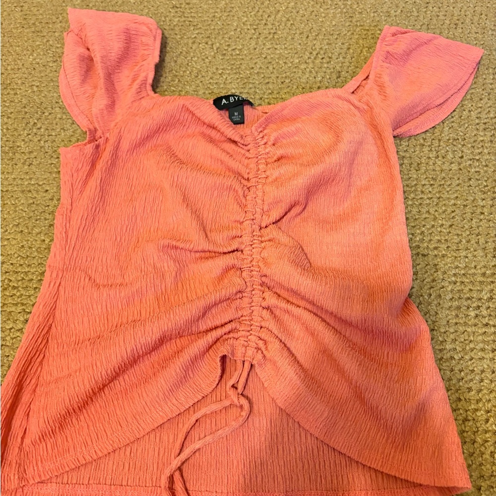 A. Byer Pink Flutter Sleeve Ruched Blouse